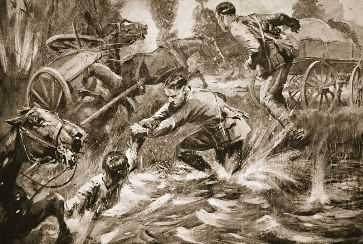 Temporary-Lieutenant G.G. Nanson rescuing a wounded driver under shell-fire by Howard K. Elcock