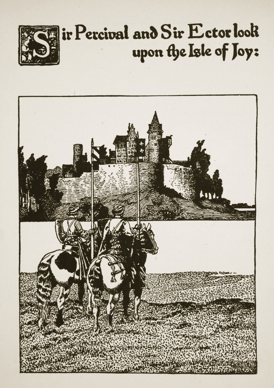 Sir Percival and Sir Ector look upon the Isle of Joy, illustration from 