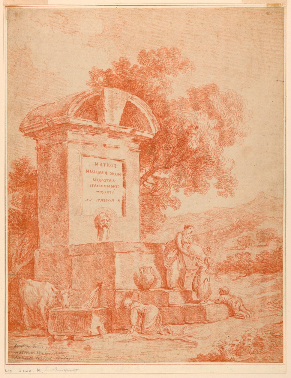 A Roman Fountain (Counterproof) by Hubert Robert