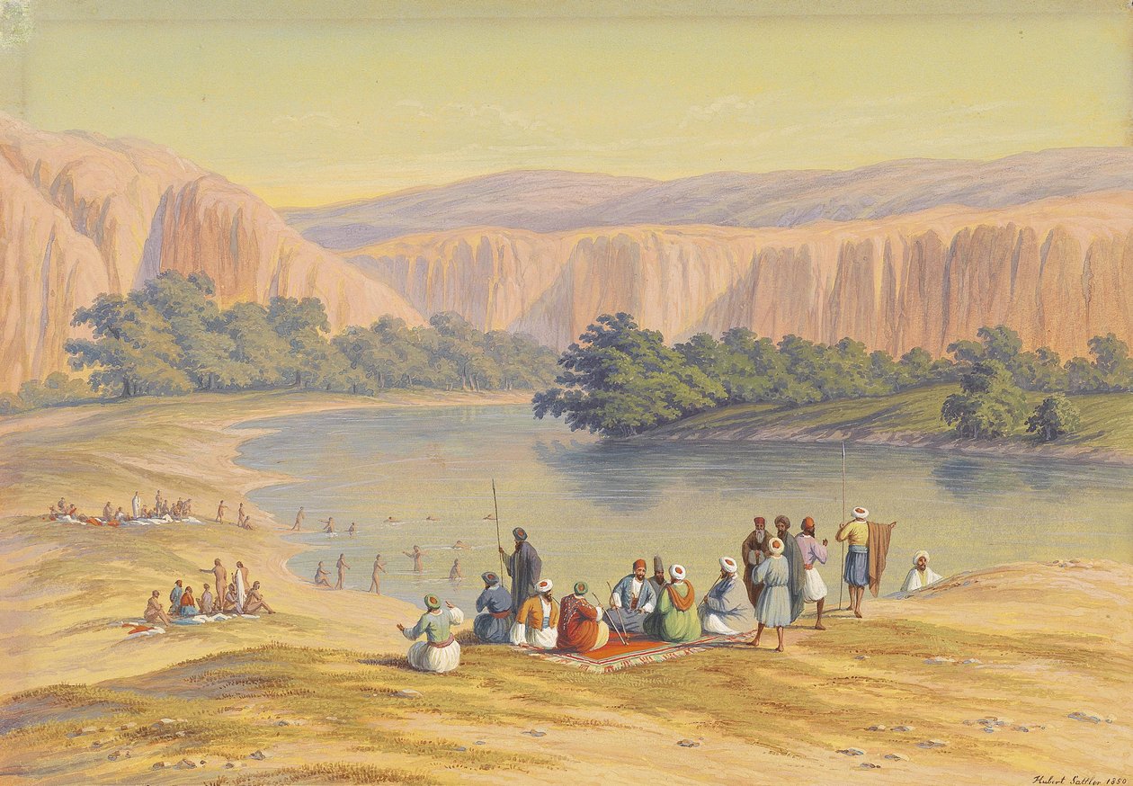 Bathing Scene with Orientals at an Inland Lake by Hubert Sattler