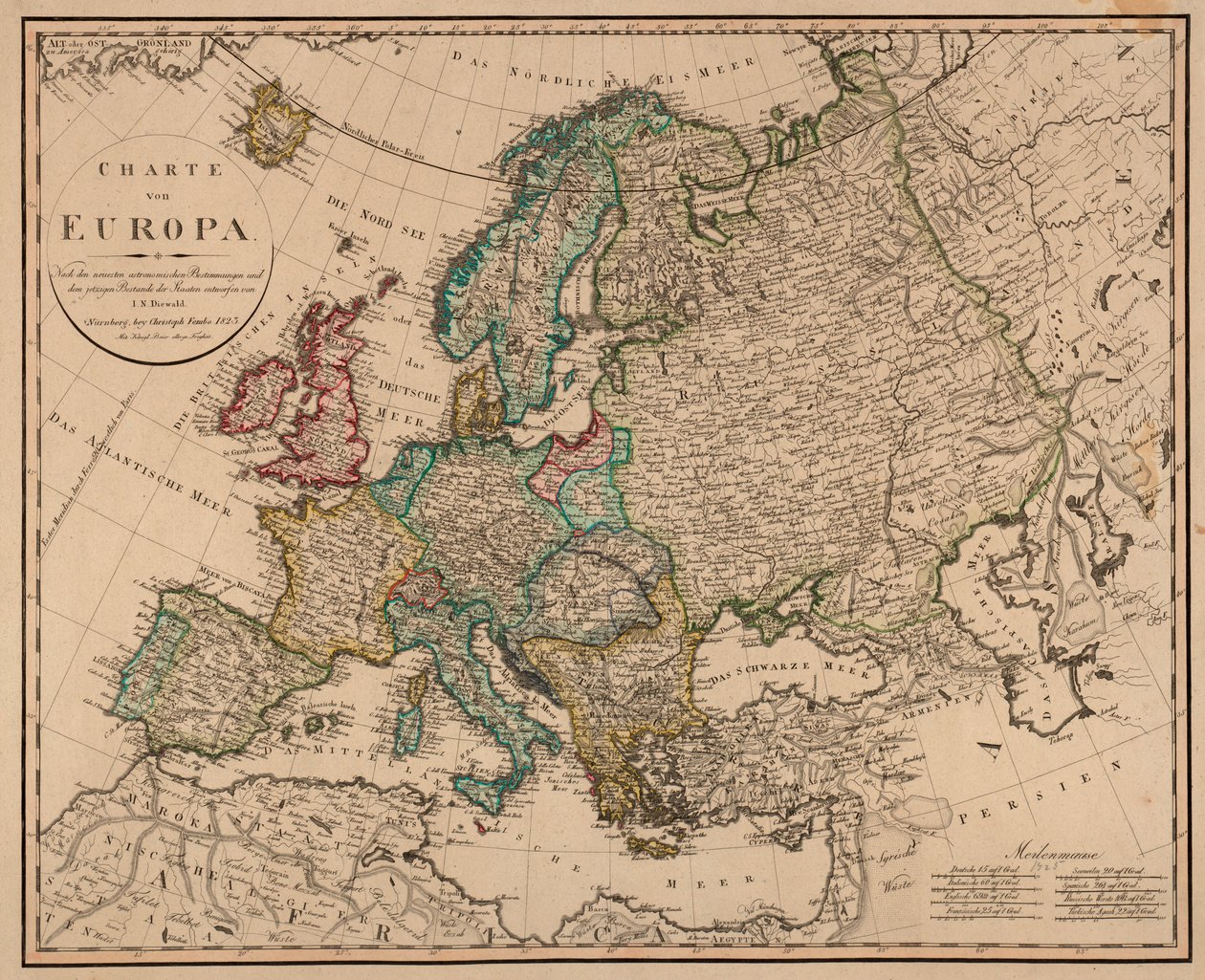 The map was published in Nuremberg by Christoph Fembo (1823) and shows Europe by I. N. Diewald