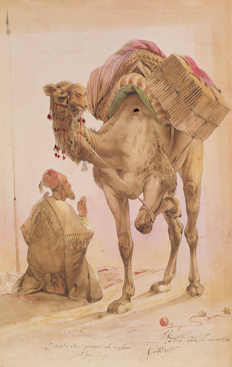 Praying Arab with a Secured Camel by Ippolito Caffi