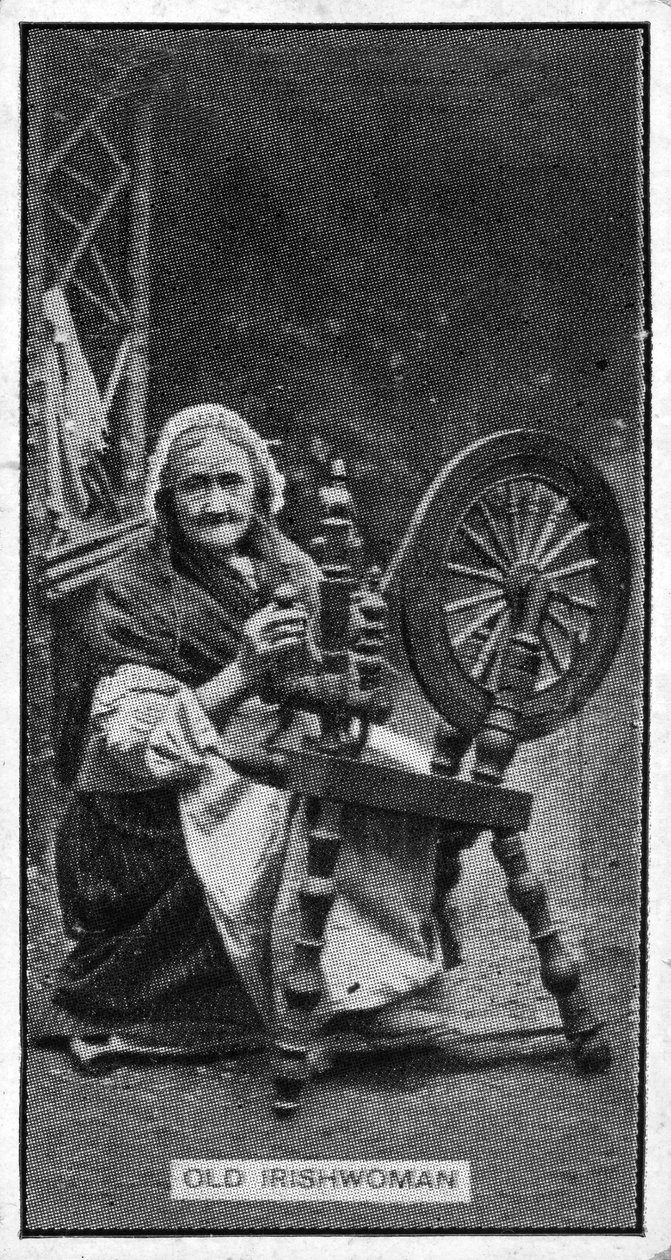 Elderly Irish Woman at Her Spinning Wheel, from a Late 19th Century Photograph by Irish Photographer