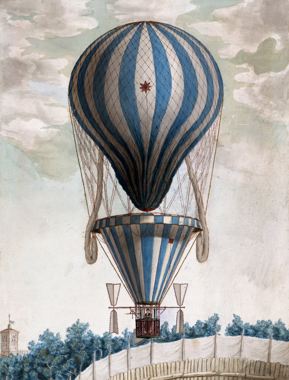 Early Hot Air Balloon in Flight by Italian School