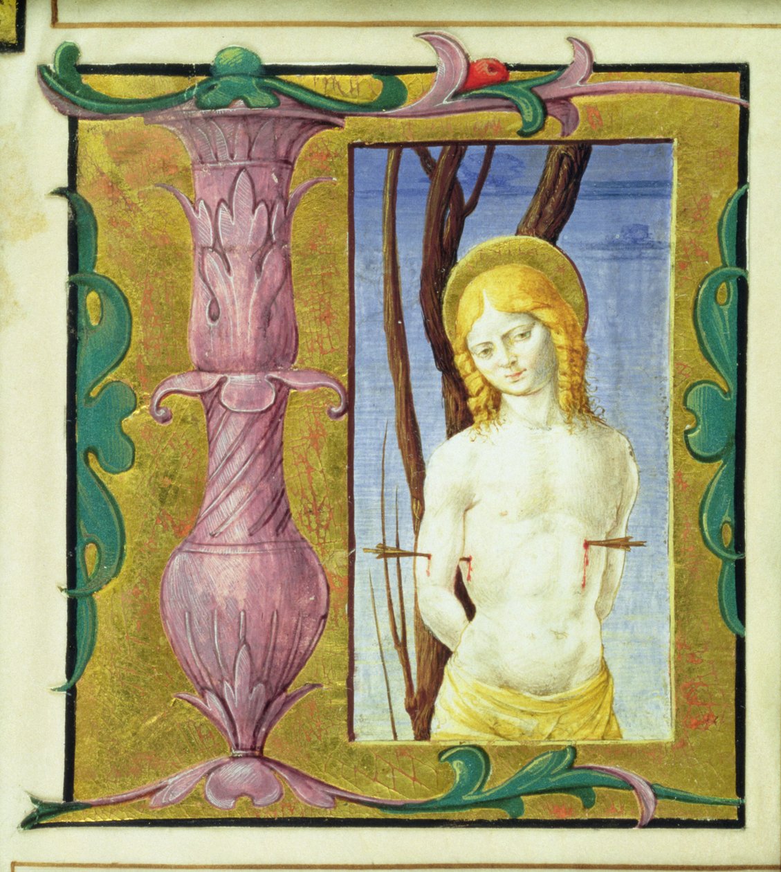 Historiated initial L depicting St. Sebastian by Italian School