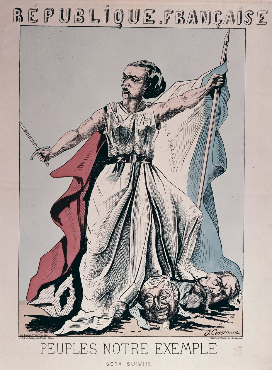 Personification of the French Republic as Louise Michel trampling on the heads of Louis Adolphe Thiers and Napoleon III by J. Corseaux