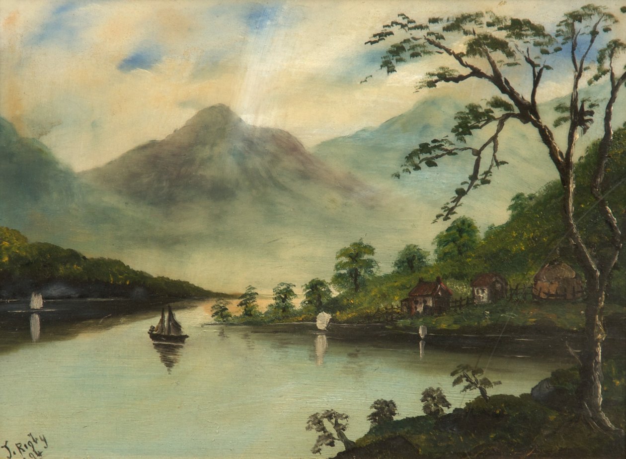 Landscape with Lake, Mountains and Sailing Boat, 1894 by J. Rigby
