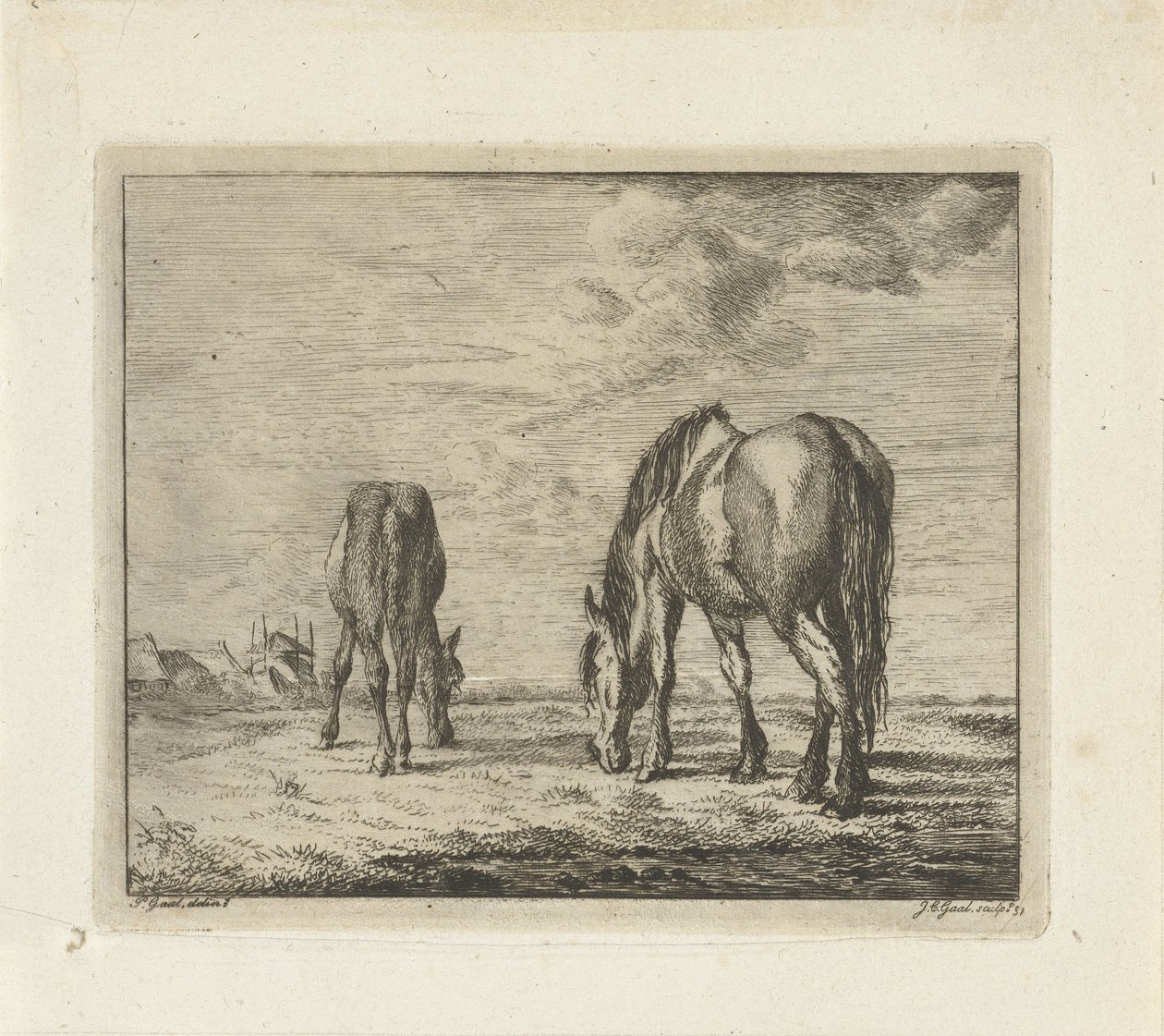 Two Grazing Horses by Jacobus Cornelis Gaal