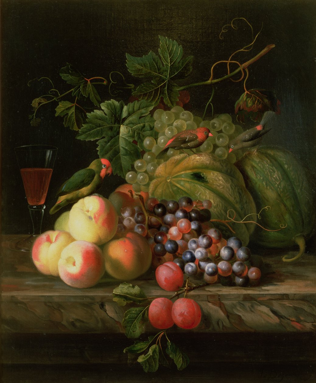 Still Life of Fruit on a Ledge with Parakeets by Jakob Bogdani or Bogdany