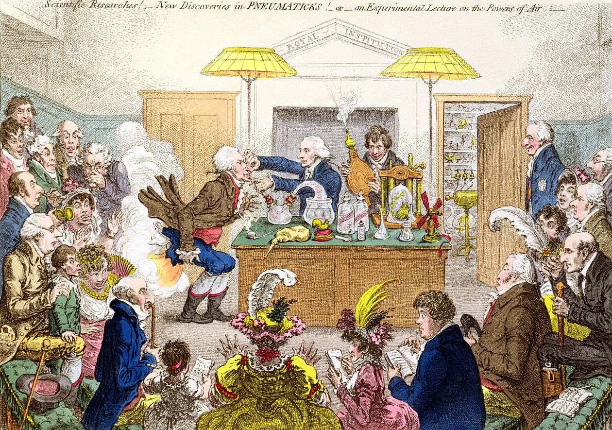 Scientific Researches! New Discoveries in PNEUMATICKS! or An Experimental Lecture on the Powers of Air, cartoon of a lecture at the Royal Institution demonstrating the effects of laughing gas by James Gillray