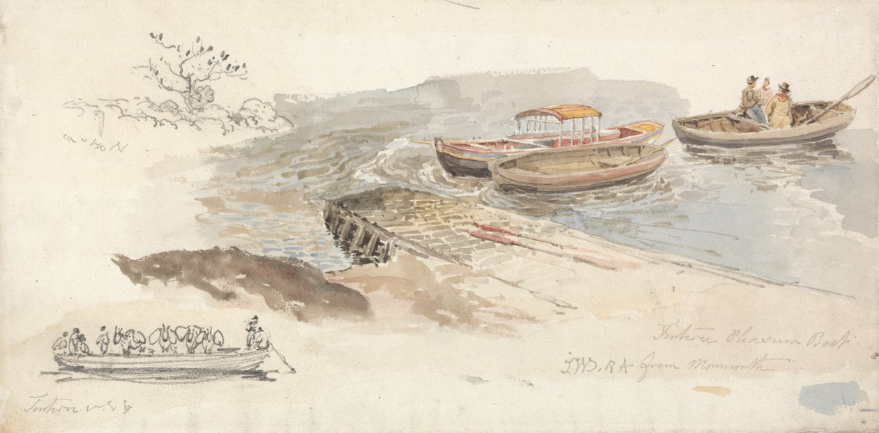 A Canopied Boat and Two Rowing Boats at a Jetty; Inset Left, a Pencil Study of the Tintern Livestock by James Ward