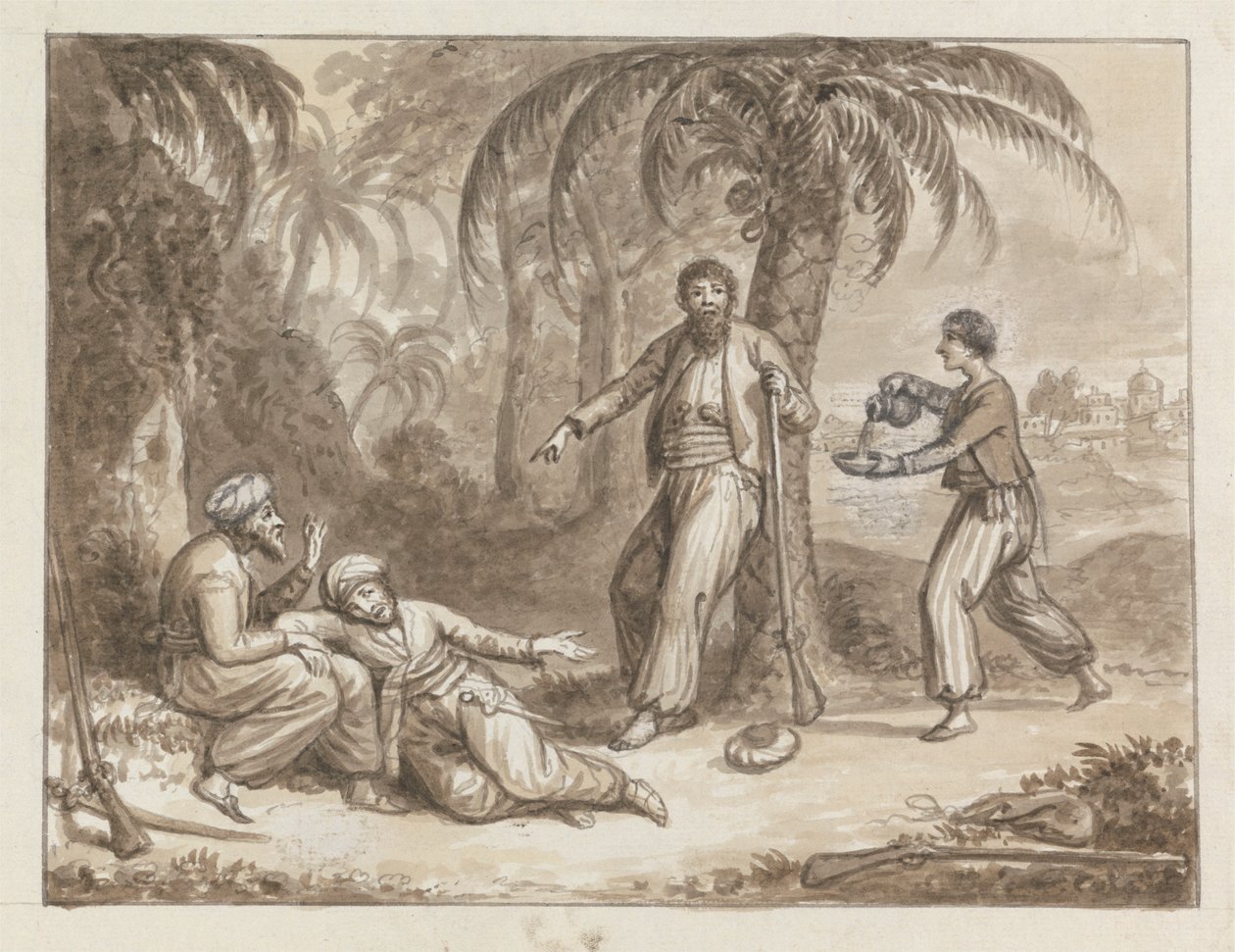 A Servant Bringing Water to Three Hunters by James Bruce