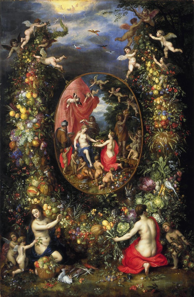 Wreath of Fruits and Flowers around an Allegory of Agriculture by Jan the Elder Brueghel