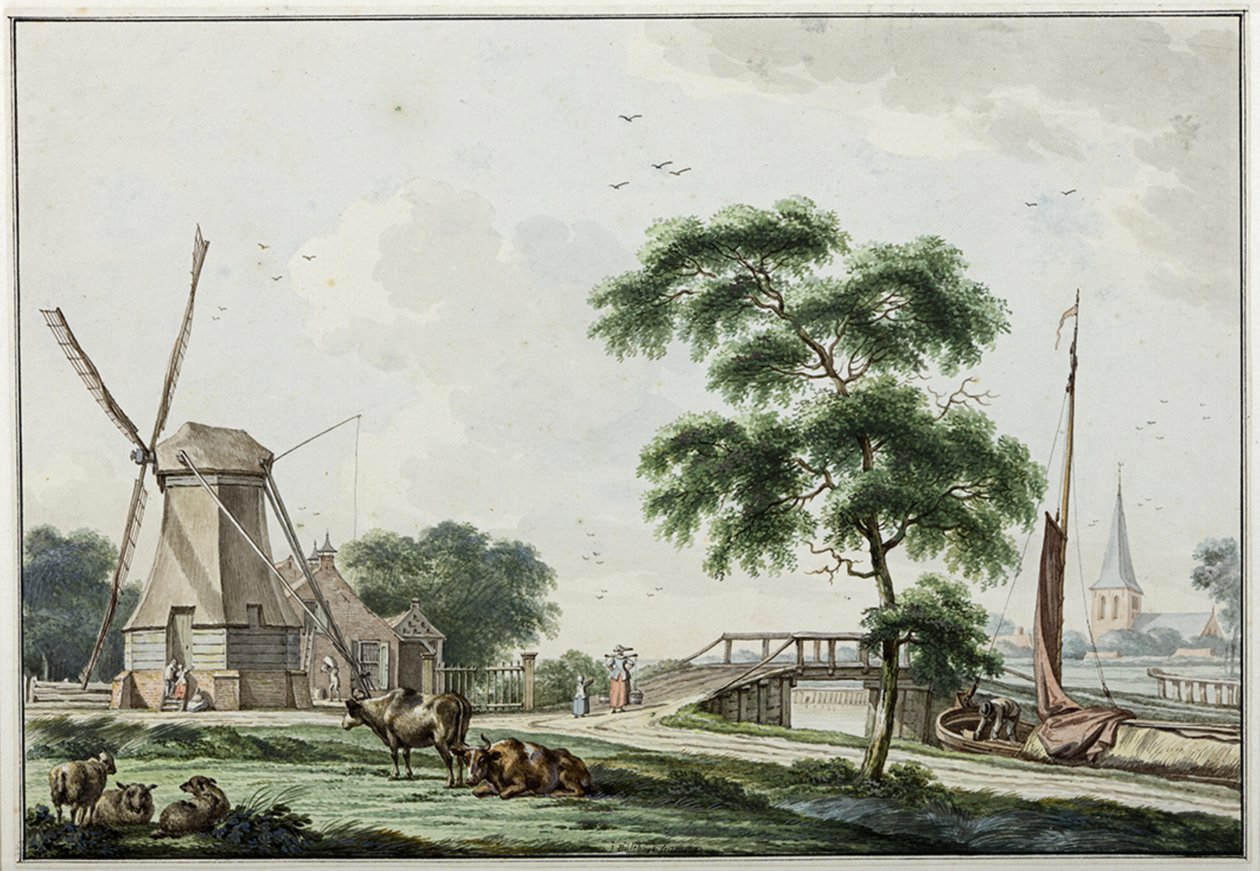 De Ulrumertil over the Trekvaart with Pelmolen and in the Background the Church of Ulrum by Jan Bulthuis
