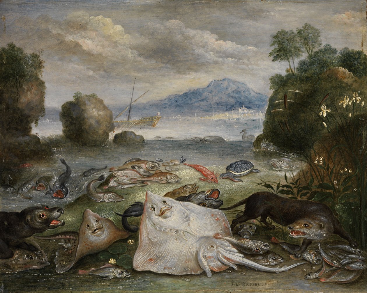 Marine Animals, Fish, and Otter on the Beach with a View of a Bay with a Sailing Ship and Mountain in the Distance by Jan van Kessel the Elder
