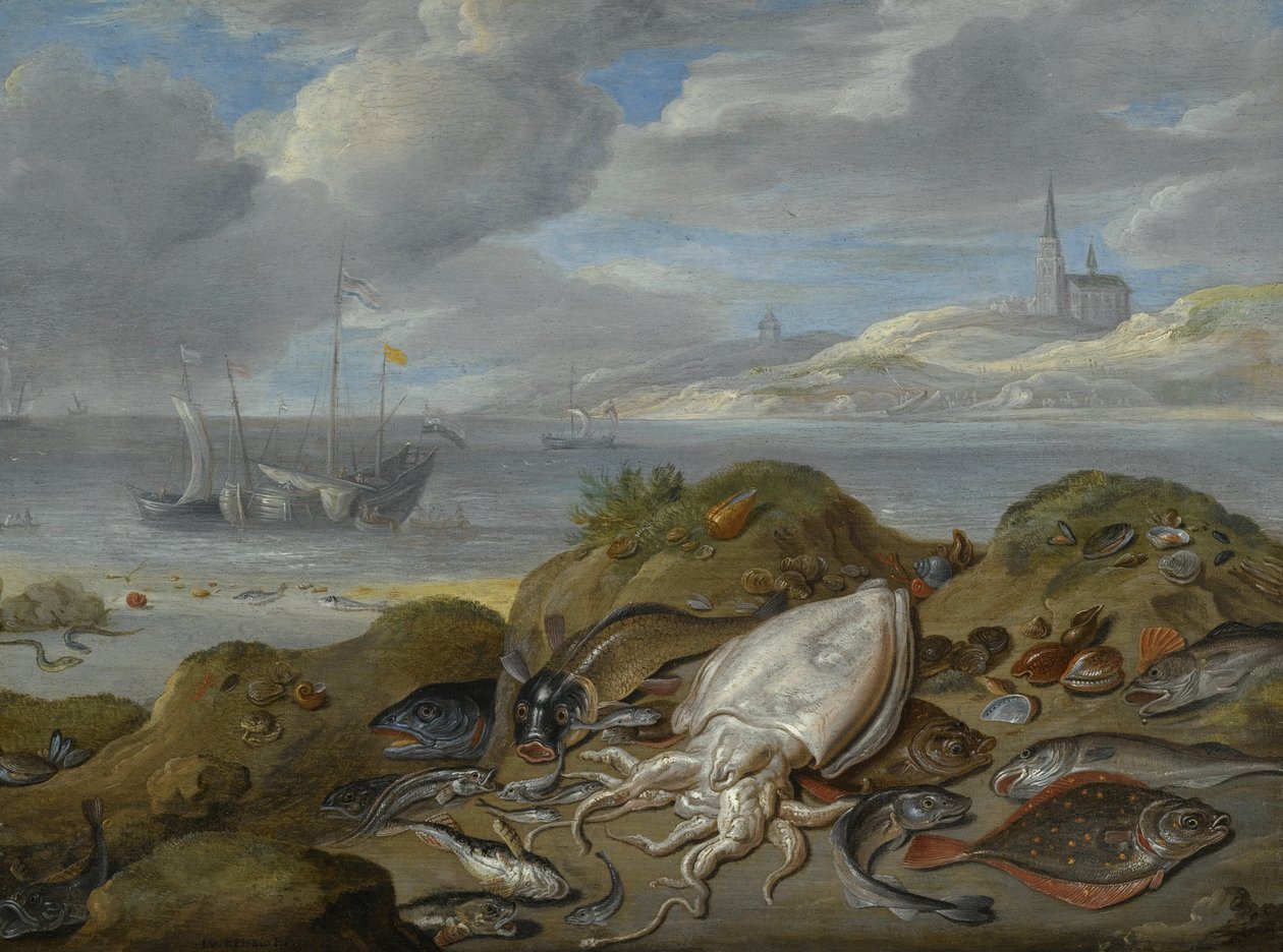 Still Life with Cuttlefish, Plaice, Cod, Mussels and Other Fish on a Dune, a Church Across an Estuary Beyond by Jan van Kessel the Elder