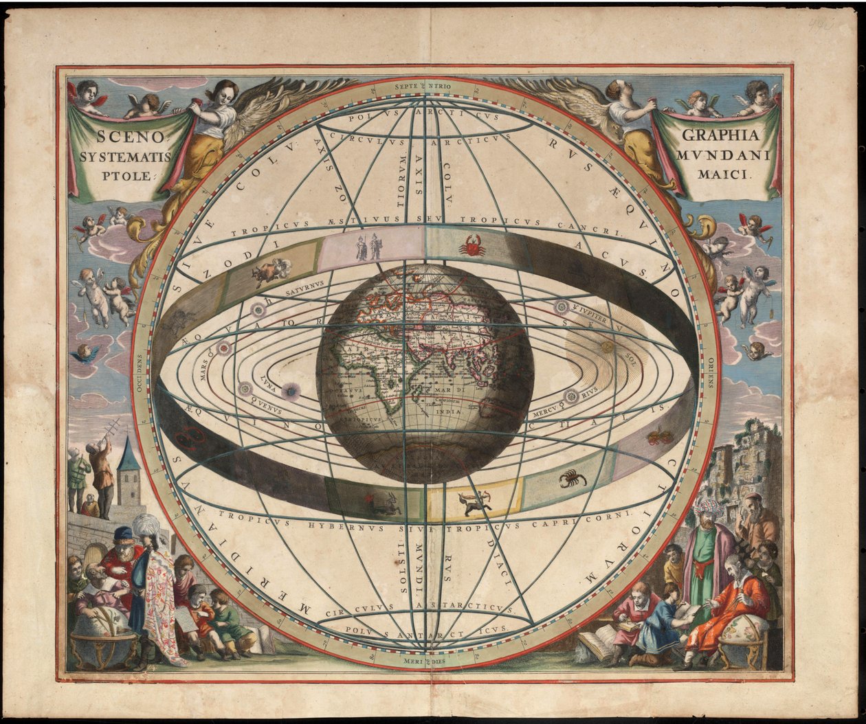 From Andreas Cellarius Harmonia Macrocosmica, 1660/61. Chart Showing Signs of the Zodiac and the Solar System with World at Centre. Plate 2 by Jan van Loon  