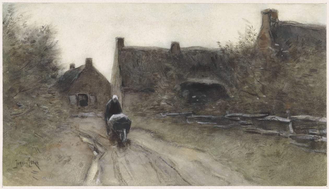 Village Scene with Woman with Wheelbarrow by Jan van Essen