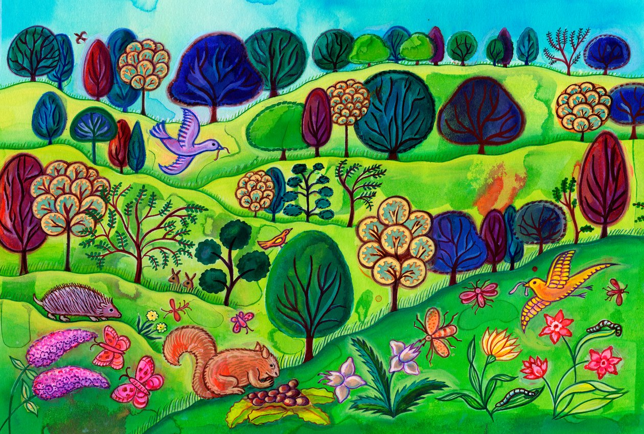 Countryside landscape with squirrel, 2002 by Jane Tattersfield