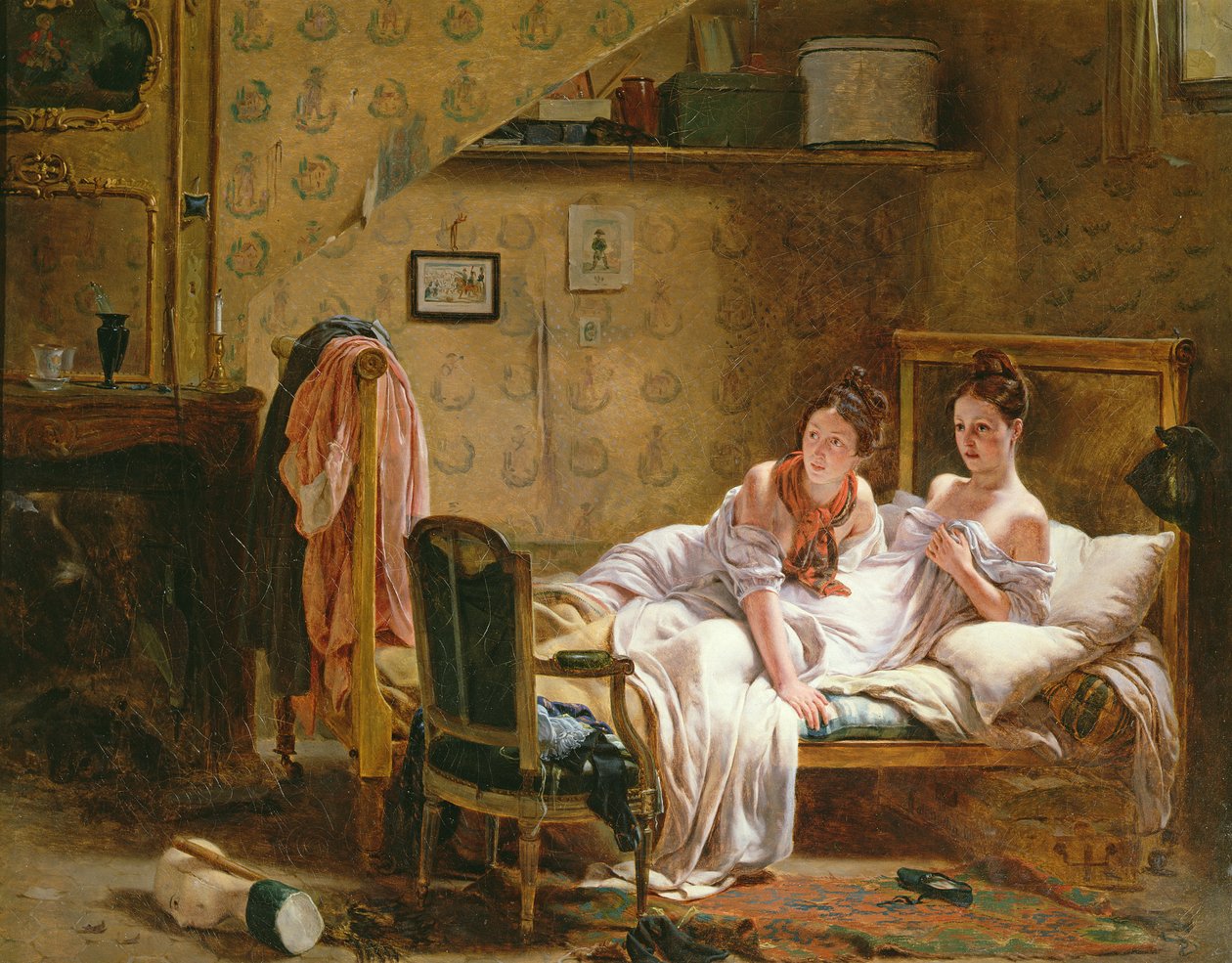 Two Women in a Bed Disturbed by a Cat by Jean Alphonse Roehn