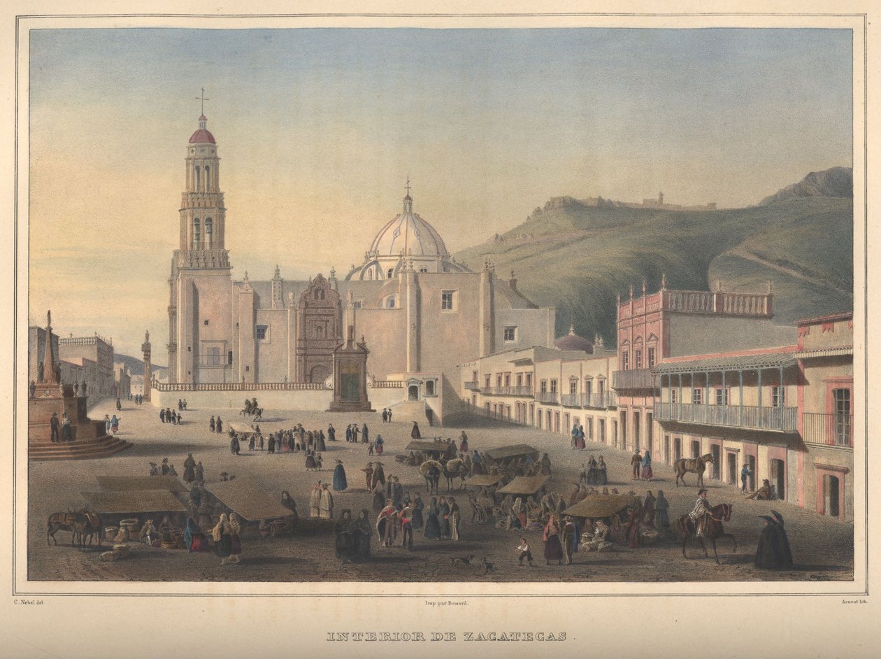 Interior of Zacatecas, View of Zacatecas, Zacatecas. Hand-Colored Lithograph Highlighted with Gum Arabic. by Jean Baptiste Arnout