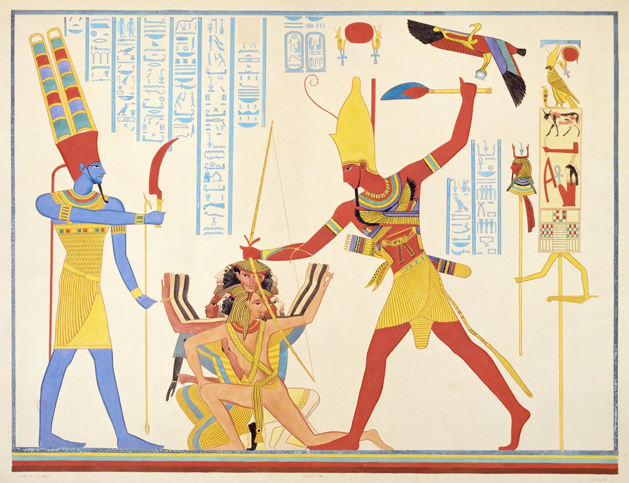 The God Amun offers a sickle weapon to the pharaoh Ramesses III as he strikes two captured enemies, 1835-45 by Jean Francois Champollion