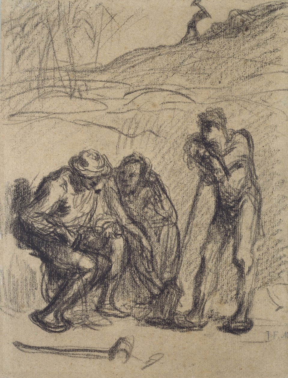 Three Peasants resting, one leaning on a Spade by Jean Francois Millet