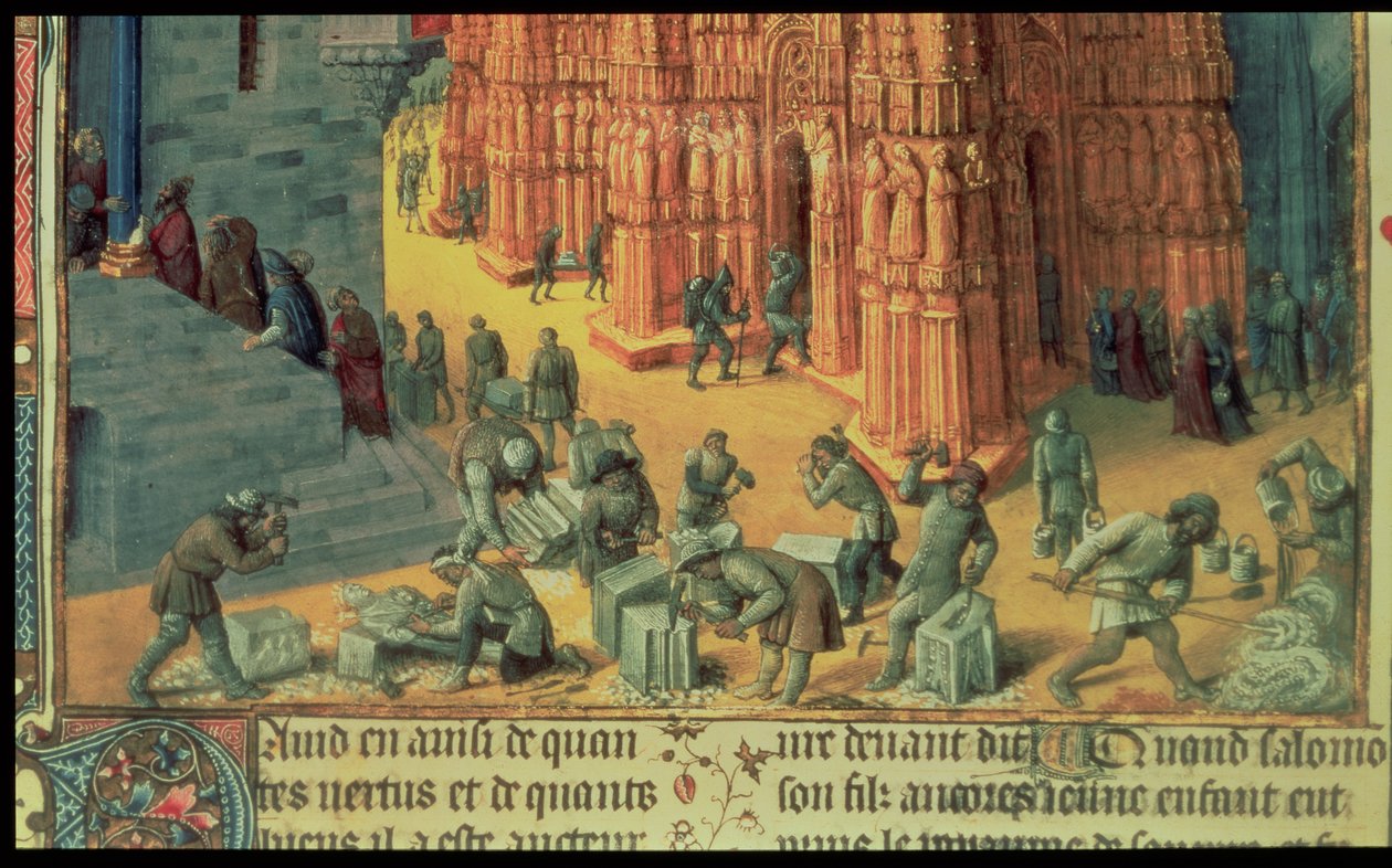 The Building of the Temple of Jerusalem, detail showing masons at work, illustration from 