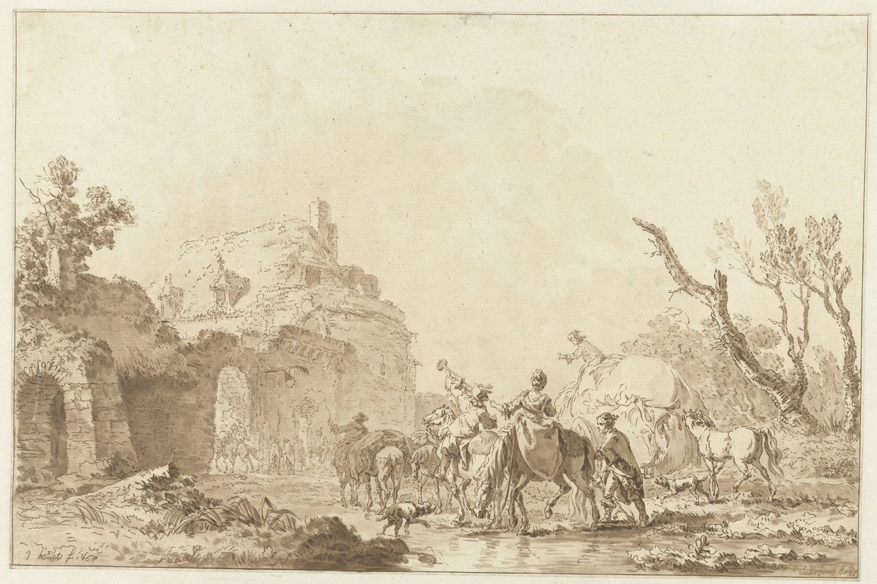 Travelers by a Gate by Jean Francois Janinet