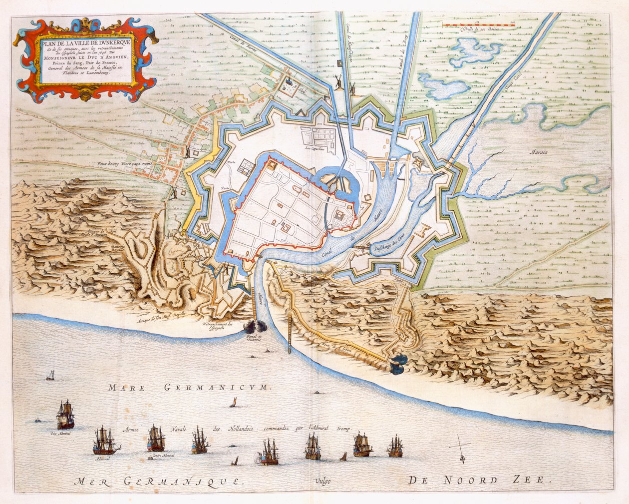 City of Dunkirk during the Spanish domination: plan showing the coastal defences, castle, and bastion fortifications by Joan Blaeu