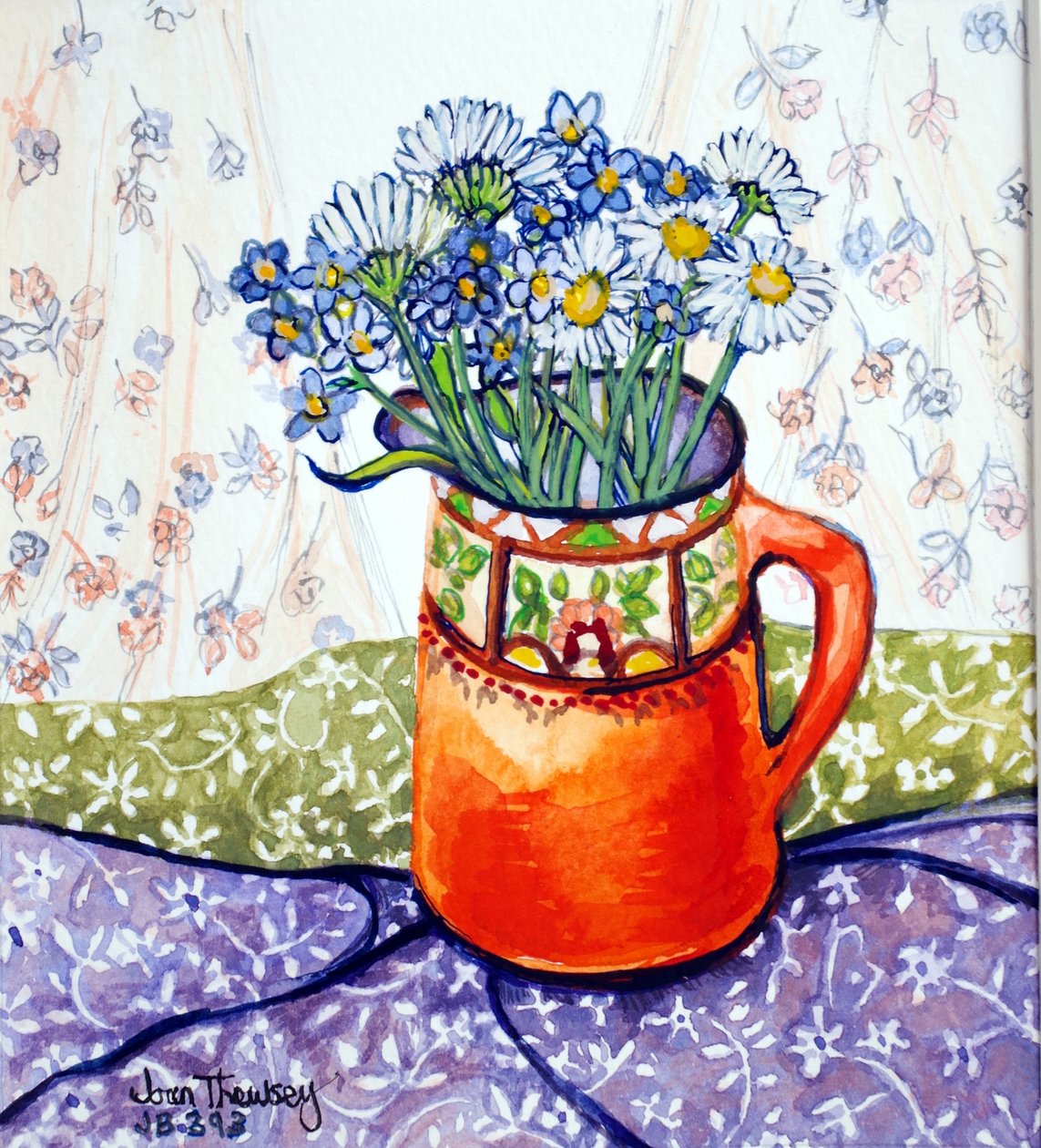 Daisies and Forget-Me-Nots Orange Jug and Patterned Fabric by Joan Thewsey