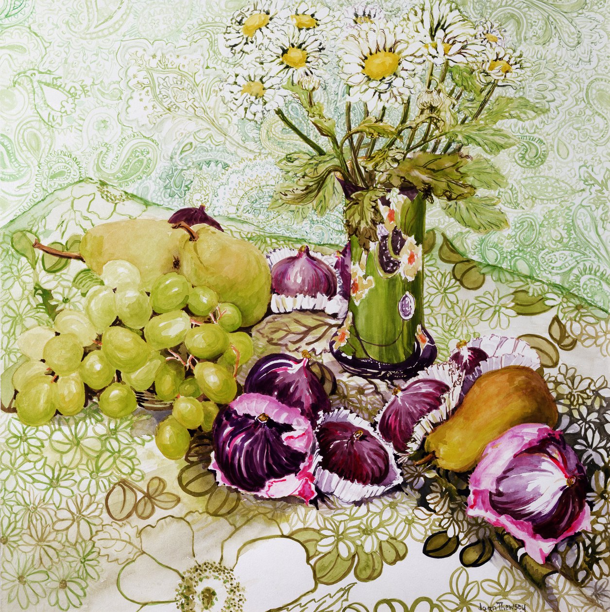 Figs, Grapes and Pears with Marguerites by Joan Thewsey