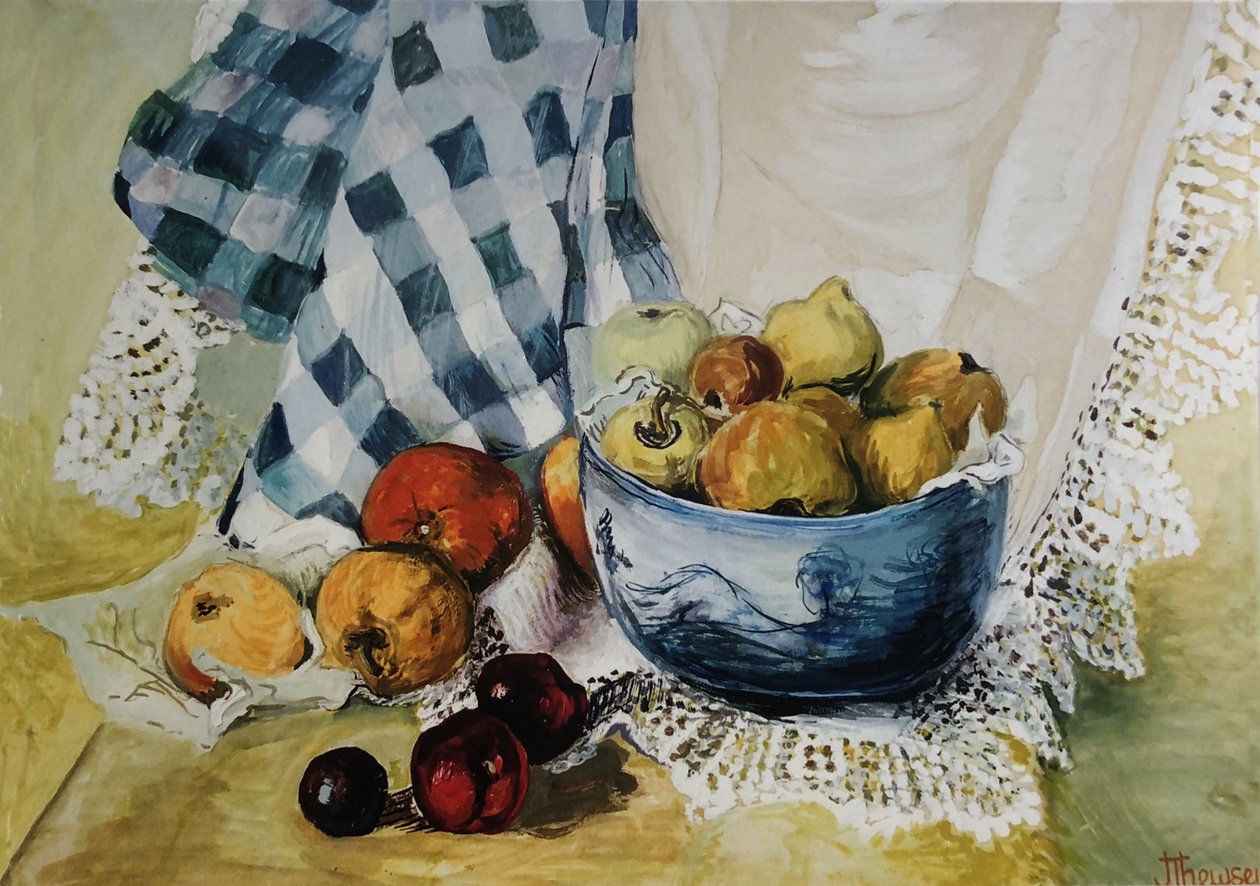 Still Life with a Blue Bowl, Apples, Pears, Textiles and Lace by Joan Thewsey