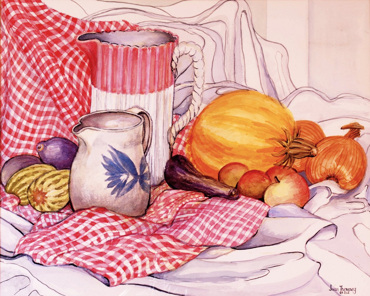 Still-Life with Two Jugs and Vegetables by Joan Thewsey