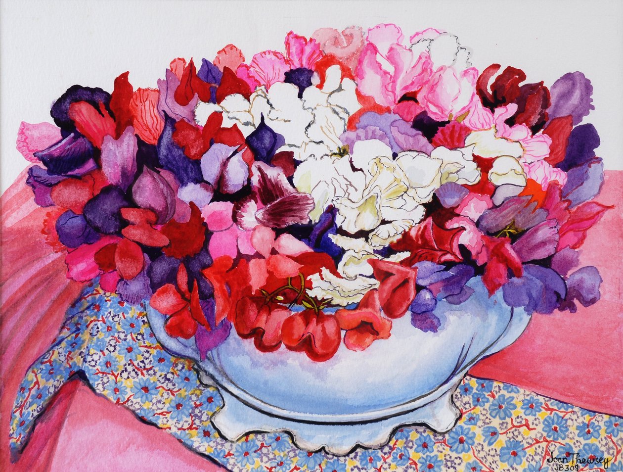 Sweet Peas in a Victorian Pot with Textiles by Joan Thewsey