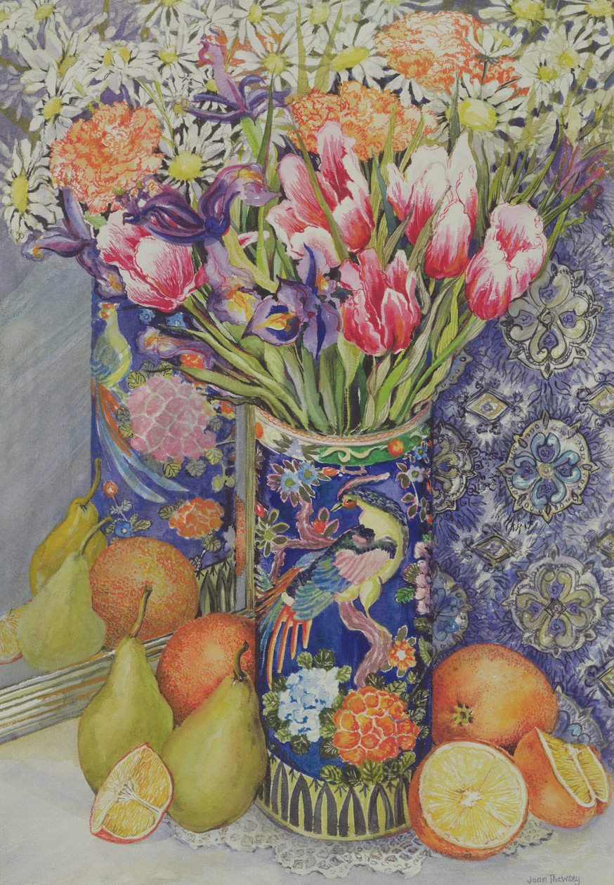 Tulips in a Japanese Vase with Fruit by Joan Thewsey