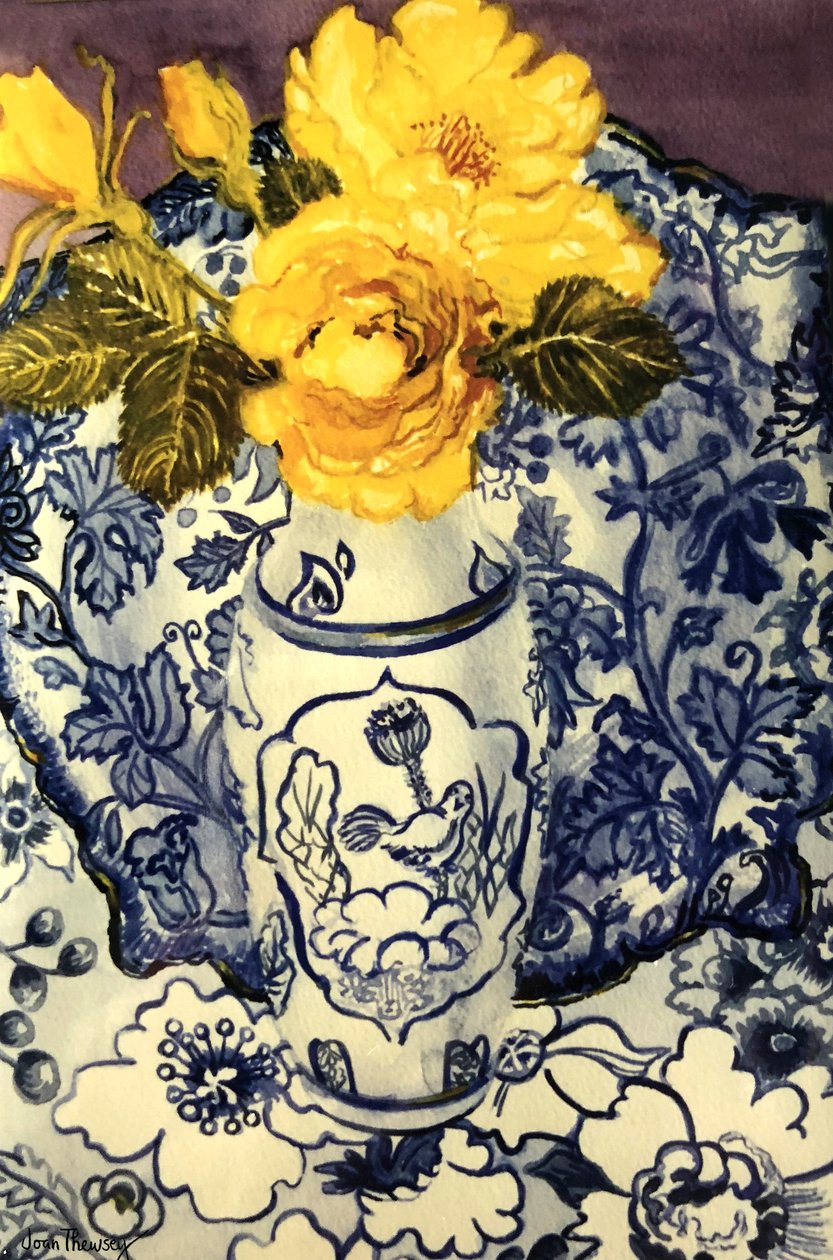 Yellow Roses in a Blue and White Vase with Patterned Blue and White Textiles by Joan Thewsey