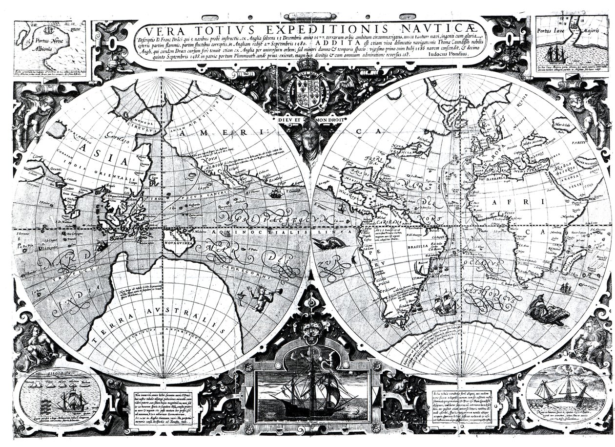 World Map; Vera Totius Expeditionis Nauticae, charting the circumnavigation of the globe by Sir Francis Drake and Thomas Cavendish c.1595 by Jodocus Hondius