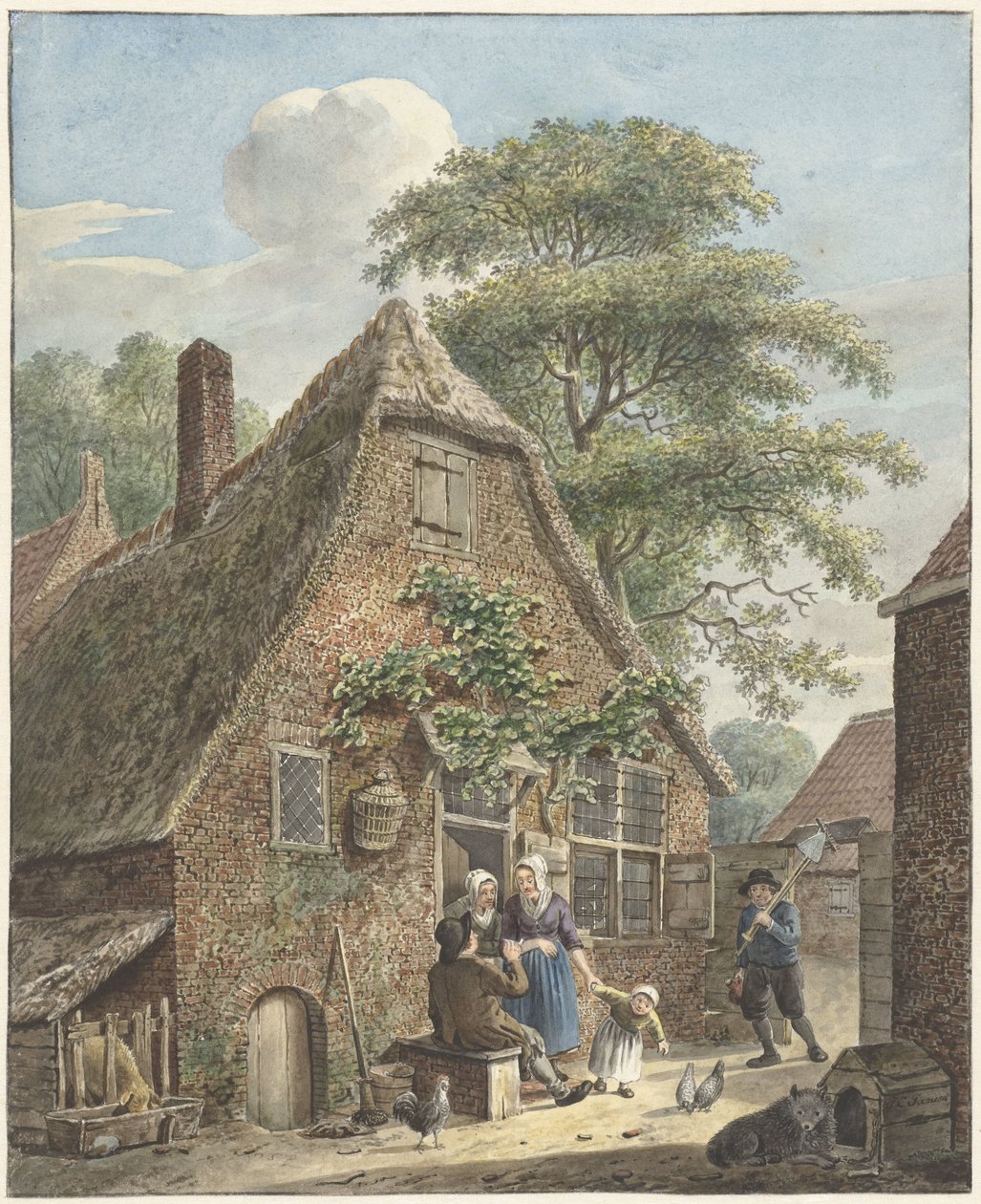 Family in Front of a Farmhouse by Johannes Christiaan Janson
