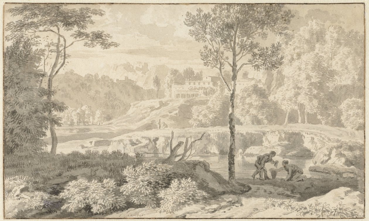 Arcadian Landscape with Figures by a Lake by Johannes Glauber