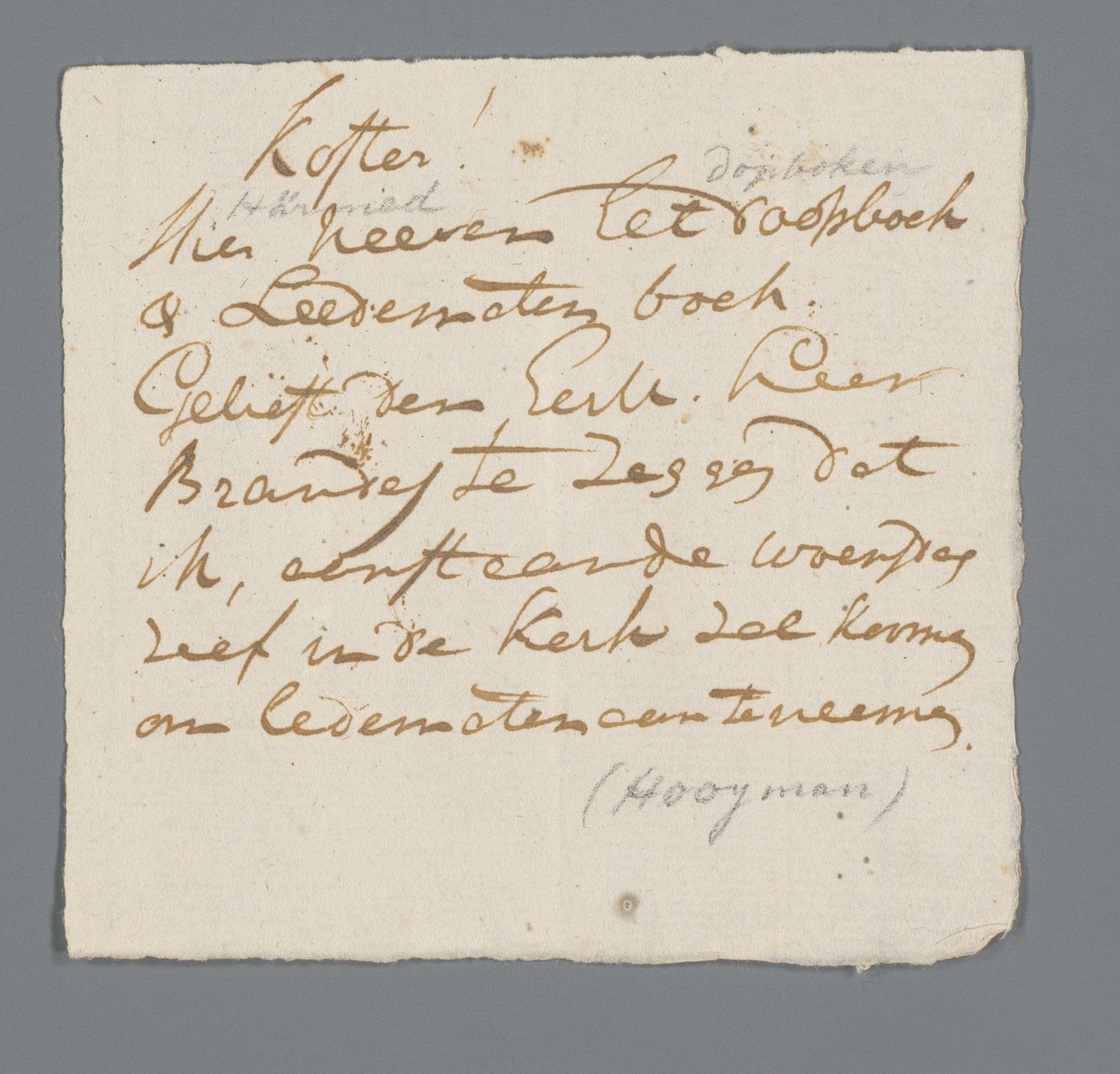 Letter from Rev. Hooyman to the Sexton by Johannes Hooyman