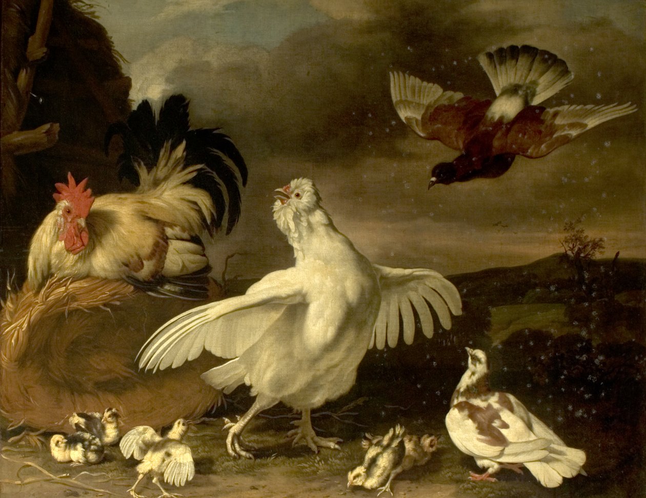 Cock and Hen with Chickens and Pigeons by Johannes Spruyt