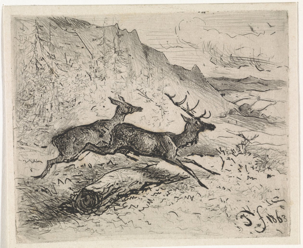 Two Running Deer by Johannes Tavenraat