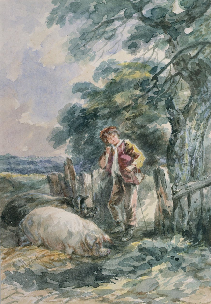 Landscape Sketch, with a Boy and Two Pigs by John Barker