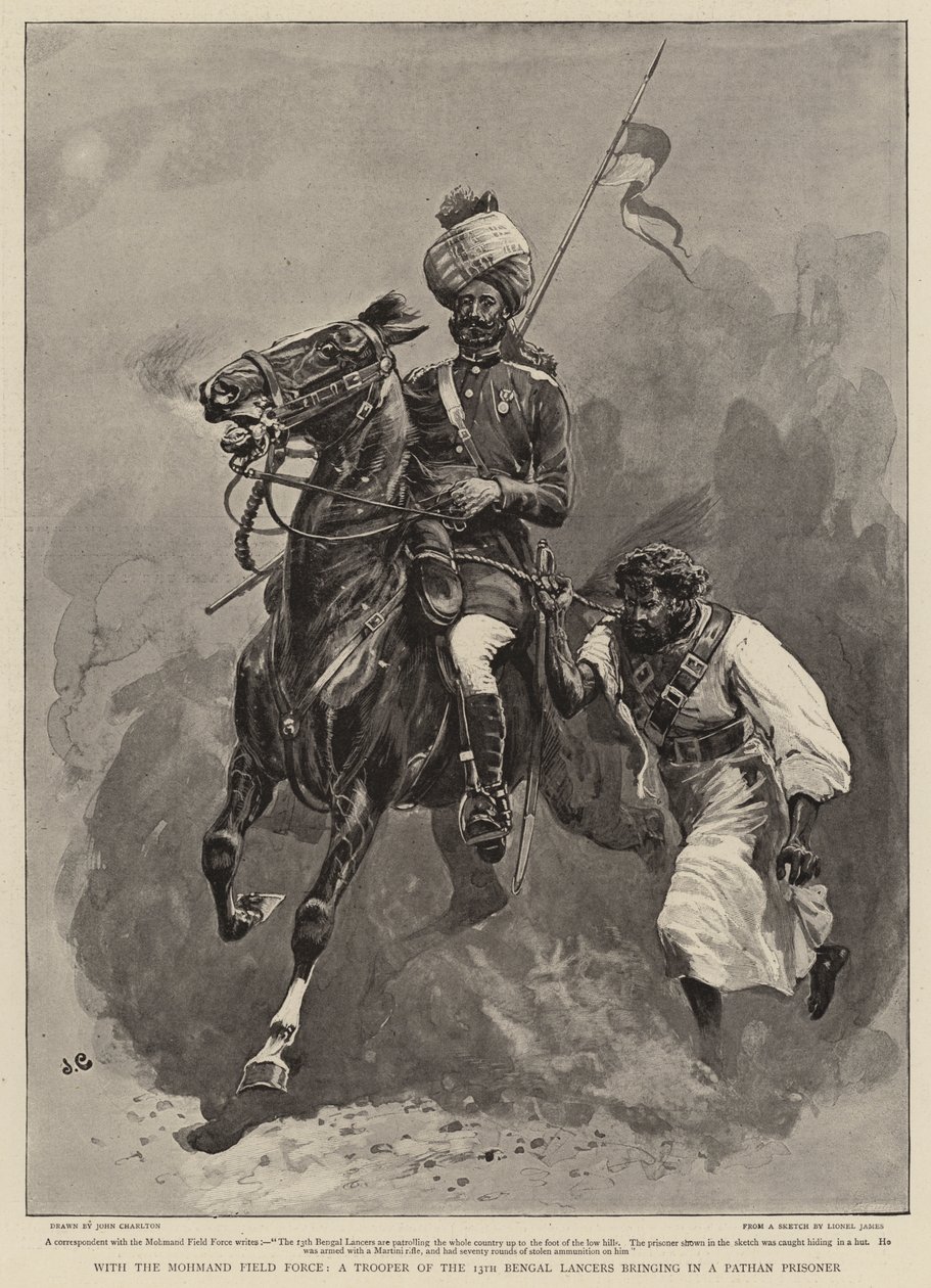 With the Mohmand Field Force, a Trooper of the 13th Bengal Lancers Bringing in a Pathan Prisoner by John Charlton