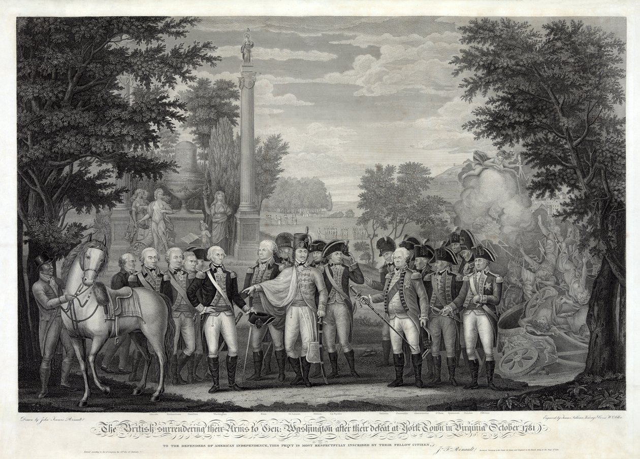 The British Surrendering Their Arms to General Washington After the Defeat at York Town in Virginia October 1781, pub. 1819 by John Francis Renault