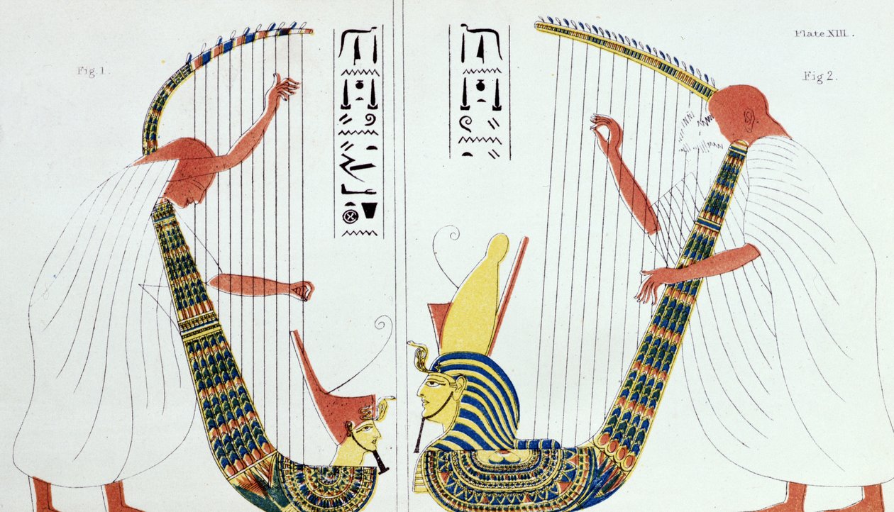 Interpretation of a fresco from the royal tomb in Thebes depicting harp players, from 