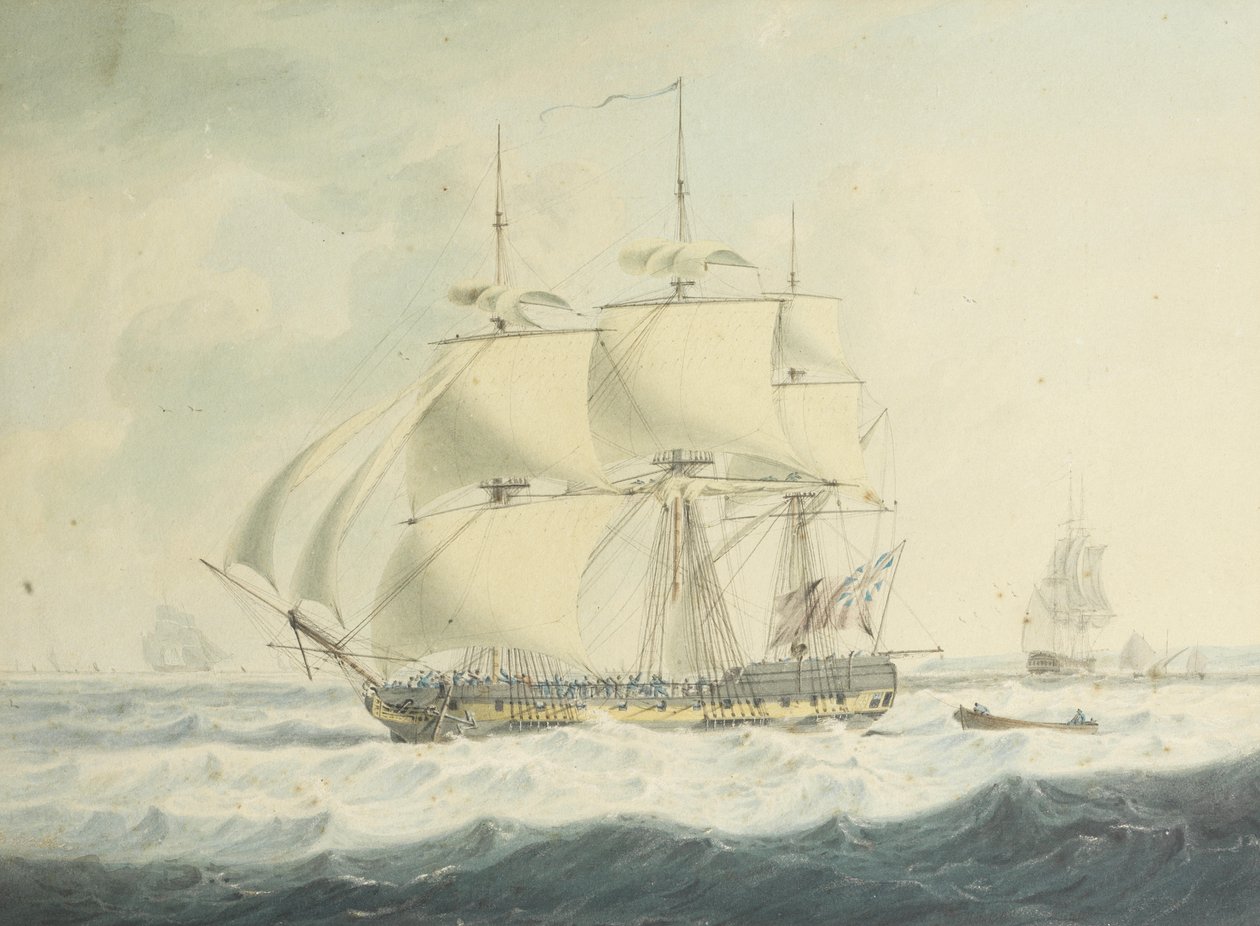 H.M.S. Thisbe Running Down the Channel Under Reduced Sail in the Choppy Conditions, with Other Shipping Nearby by John Thomas Serres