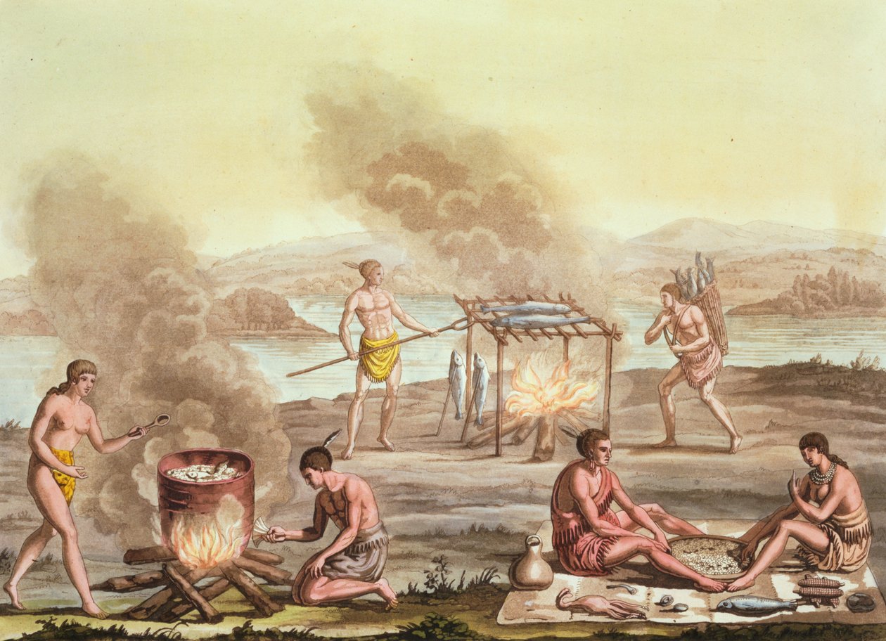 Indigenous Natives from Florida Preparing and Cooking Food by John White