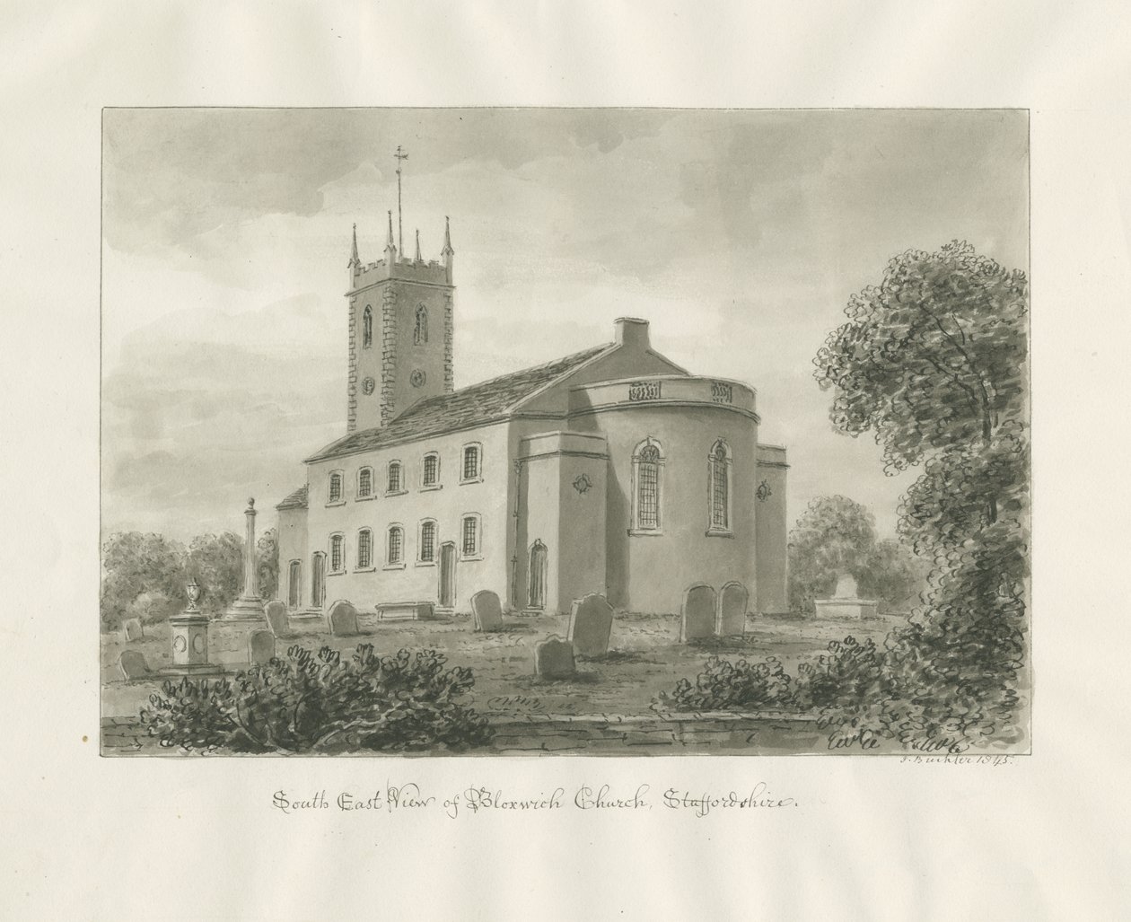 Bloxwich Church: Sepia Drawing by John Buckler